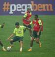 <p>Patrocínio da Vivo aparece em entrevistas e treinos</p>  Foto: Heuler Andrey/ Mowa Press / Divulgação