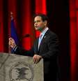 Senador republicano, Marco Rubio, discursa durante evento em Nashville, Tennessee, em 10 de abril  Foto: Harrison McClary / Reuters