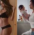 A modelo americana Sarah Stage mostra barriga definida aos 9 meses de gestação e segura seu filho no colo 10 dias após o parto  Foto: Reprodução