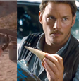 Voluntário à esquerda observa garra de dinossauro, no filme de 1993. À direita, numa cena parecida, está Owen, que seria o garoto na fase adulta  Foto: Youtube