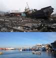 Região portuária devastada pelas ondas gigantes, hoje já tem situação normalizada em Talcahuano  Foto: Montagem: AFP Arquivo / André Reis - Terra