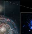 No destaque à esquerda, a galáxia NGC 5195 nos limites da "irmã" maior, a NGC 5194; à direita, a galáxia em visão de raio-X  Foto: NASA STScl