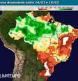 O mapa mostra os volumes de chuva previstos para o Brasil até o dia 18 de março. Os tons de verde representam volumes da ordem de 100 mm acumulados em cinco dias.  Foto: 