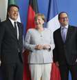 O primeiro-ministro italiano Matteo Renzi, a chanceler alemã Angela Merkel e o presidente francês François Hollande  Foto: EFE