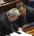 Os senadores Antonio Anastasia e Aécio Neves conversam durante sessão que decide se a presidenta Dilma irá a julgamento final no processo de impeachment   Foto: Agência Brasil