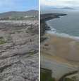 O antes e depois da praia de Dooagh: à esquerda, como ela ficou após as tempestades de 1984; à direita, a nova praia que surgiu no local.  Foto: Achill Island Tourist Office/Sean Molloy / BBC News Brasil