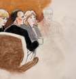 Desenho de Taylor Swift e seus advogados no tribunal federal de Denver, durante julgamento de agressão sexual  Foto: Jeff Kandyba / Reuters