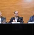 Carlos Eugênio Lopes, diretor jurídico da CBF, Rogério Caboclo e Marco Polo Del Nero em entrevista coletiva na sede da entidade, no Rio de Janeiro  Foto: Pedro Martins/Agif / Gazeta Press
