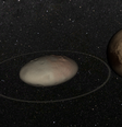 O planeta anão Haumea, Plutão à direita e a lua de Haumea, Chariklo à esquerda  Foto: Agência Brasil