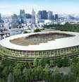 O novo estádio olímpico de Tóquio, que receberá as cerimônias de abertura e encerramento, as competições do atletismo e as finais do futebol (Crédito: Divulgação)  Foto: LANCE!