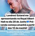 Anitta anuncia show em Londres, na tradicional Royal Albert Hall  Foto: Instagram / PureBreak