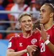 Poulsen marcou o gol da vitória da Dinamarca sobre o Peru, em Saransk (Foto: JACK GUEZ / AFP)  Foto: LANCE!
