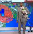 Cachorro 'invadiu' transmissão ao vivo de jornal americano e meteorologista fez a previsão do tempo com o cão no colo.   Foto: Facebook/KPRC2 / Estadão
