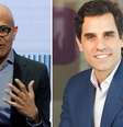 À dir., Satya Nadella, CEO da Microsoft​, e à esq., o CEO da Telefonica, Christian Gebara: os dois apresentarão palestras no AI + Tour - Brasil  Foto: Montagem com fotos de Arnd Wiegmann/Reuters e Divulgação / Terra