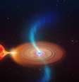 O buraco negro dispara jatos de plasma ao sugar material de uma estrela companheira  Foto: ICRAR / BBC News Brasil