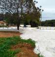A espuma aparece devido a componentes químicos de sabão e detergentes lançados na água em cidades da Região Metropolitana  Foto: Defesa Civil/Divulgação / Estadão