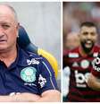 Felipão, técnico do Palmeiras, à esquerda; e Arrascaeta, seguido por Gabigol, do Flamengo, à direita  Foto: André Melo Andrade/Am Press & Images/Gazeta Press; e André Melo Andrade/Am Press & Images/Gazeta Press