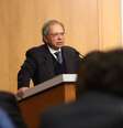 O ministro da Economia, Paulo Guedes, no Peterson Institute for International Economics, em Washington  Foto: PIIE/Divulgação / Estadão Conteúdo
