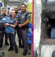 Os policiais militares Izidoro, Rafael, Vernini e Alessandro levaram o bebê resgatado para o hospital  Foto: Reprodução Facebook/ Polícia Militar do estado de São Paulo / Estadão Conteúdo