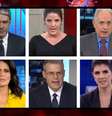 Acima, William Bonner, da Globo; Christiane Pelajo, da GloboNews; William Waack, da CNN Brasil; Adriana Araújo, da RecordTV; Eduardo Oinegue, da Band; e Mariana Godoy, da RedeTV!: informação qualificada em prol do bem-estar do telespectador  Foto: Reprodução