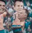 Imagem de vídeo publicado por Russomanno de uma partida da seleção brasileira de futebol, mas com o seu rosto e o de Bolsonaro inseridos nos corpos dos jogadores.  Foto: Reprodução / Estadão