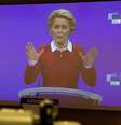 Presidente da Comissão Europeia, Ursula von der Leyen, fala por video conferência para sala de impresa na sede da União Europeia em Bruxelas
28/10/2020 Virginia Mayo/Pool via REUTERS  Foto: Reuters