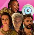 Nadi (Camila Rodrigues), Lúcifer (Igor Rickly) e Terá (Ângelo Paes Leme), de ‘Gênesis’, na companhia de Karol Conká, protagonista do ‘BBB21’ até agora  Foto: Fotomontagem: Blog Sala de TV