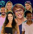 Marcia Sensitiva entre os cancerianos Gilberto e Sarah, e os sagitarianos Juliette, Carla e Lucas (escondido, Tiago Leifert, taurino como a esotérica): signos dos elementos Água e Fogo se destacam no ‘BBB21’  Foto: Sala de TV