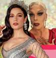 A Miss Brasil e segunda colocada no Miss Universo Julia Gama e a drag queen Ikaro Kadoshi, apresentadora da transmissão do concurso na TNT  Foto: Fotomontagem: Blog Sala de TV