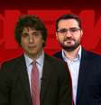 Guga Chacra e Marcelo Cosme foram ‘traídos’ pela demora na transmissão do áudio entre Rio e Nova York  Foto: Reprodução/GloboNews e GloboNews/Divulgação (Fotomontagem: Blog Sala de TV)