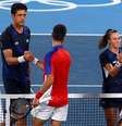 Stojanovic e Djokovic cumprimentam os brasileiros Luisa Stefani e Marcelo Melo após partida de duplas mistas na Olimpíada Edgar Su Reuters  Foto: Edgar Su  / Reuters