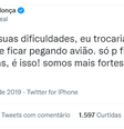 Marília Mendonça em 2019: "Trocaria qualquer coisa para não ter que ficar pegando avião".  Foto: Reprodução/Twitter/Marília Mendonça
