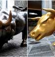 Esculturas de touro em Nova York e São Paulo; artista brasileiro diz que sua obra é 'original' e 'não replica' obra de outro artista  Foto: Reuters/EPA / BBC News Brasil