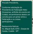Convite para jantar oferecido pela Federação de Futebol do MT e recusado por Fla e Atlético-MG  Foto: Reprodução