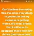 Pronunciamento de Justin Bieber no Instagram sobre o adiamento de shows.  Foto: Instagram/@justinbieber / Estadão