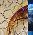 Terra seca com rachaduras e gráfico de listras do clima  Foto: BBC News Brasil