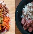 Atual prato de um vegano da quebrada à esquerda e, à direita, o antigo  Foto: Vegano Periférico