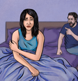 Ilustração de uma mulher e um homem na cama juntos. A mulher parece angustiada, o homem está gritando com ela com raiva.  Foto: Manuella Bonomi / BBC News Brasil