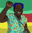 Ilustração de uma mulher negra com os punhos erguidos, ela representa a mãe da criança atacada. Ao fundo, estão as cores da bandeira do Moçambique.  Foto: Imagem: Dora Lia/ Alma Preta Jornalismo / Alma Preta