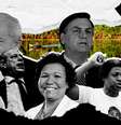 Colagem com imagens de urna eletrônica, meio ambiente e os candidatos à Presidência: Lula, Bolsonaro, Ciro Gomes, Simone Tebet, Vera Lúcia e Leonardo Péricles.  Foto: Imagem: I / Alma Preta