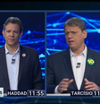 Fernando Haddad (PT) e Tarcísio de Freitas (Republicanos) participam de debate na Band  Foto: Reprodução/ YouTube/ Band Jornalismo