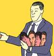 A imagem é uma ilustração onde um homem vestido com terno, simulando um líder partidário, distribui para uma fila de homens brancos várias máscaras com rostos pretos e pardos para sinalizar a mudança na autoceclaração de candidatos  Foto: Imagem: Vinícius de Araújo/Alma Preta Jornalismo / Alma Preta