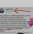 Reprodução de postagem falsa atribuída a Lula com as frases “irei retomar o ICMS da gasolina que foi cortado no governo Bolsonaro. com isso os estados deixaram de arrecadar, é de fundamental importância o ICMS para os estados e municípíos. peça o povo brasileiro que entenda, a gasolina sofrerá aumento mas é para o bem da nação”  Foto: Aos Fatos