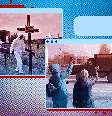 Graphic shows images of mass burials in the Ukraine city of Bucha and people waving at Russian troops in Crimea  Foto: BBC News Brasil