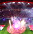 As bandeiras da Croácia e do Marrocos no gramado com show pirotécnico antes da partida pela disputa do terceiro lugar na Copa do Mundo no Catar.  Foto: REUTERS/Fabrizio Bensch