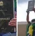 Vândalo bolsonarista segura réplica da Constituição durante ataques de 8 de janeiro   Foto: Reprodução/Redes Sociais 