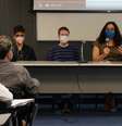 Morgan Caetano, Caio Jade, Amara Moira e Lis Macedo durante o debate "Juntes contra a transfobia", promovido pelo grupo Corpas Trans na USP  Foto: Corpas Trans na USP / Divulgação / Estadão