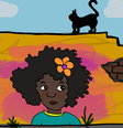 A imagem mostra uma criança negra desenhada em um muro laranja. Sobre o muro, anda um gato preto. A imagem ilustra matéria sobre racismo estrutural no uso indevido de fotos.  Foto: Imagem: Dora Lia/Alma Preta Jornalismo / Alma Preta