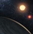 Representação virtual de um planeta em órbita de duas estrelas  Foto: NASA/JPL-CALTECH/T. PYLE