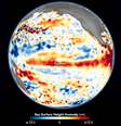 Imagem capturada por satélite da Nasa mostra anomalias no nível da água do Oceano Pacífico, indicando o superaquecimento provocado pelo El Nino.  Foto: Divulgação/ Nasa / Estadão